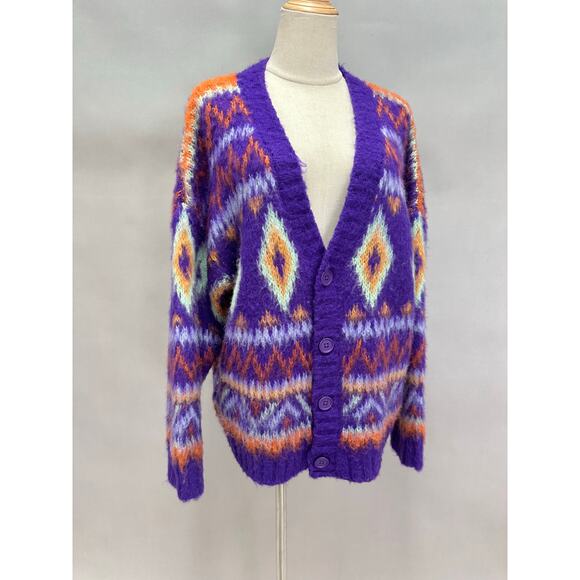 ASOS Reclaimed Vintage Oversize Purple Fair Isle Fuzzy Cardigan Unisex sz small - Picture 3 of 16